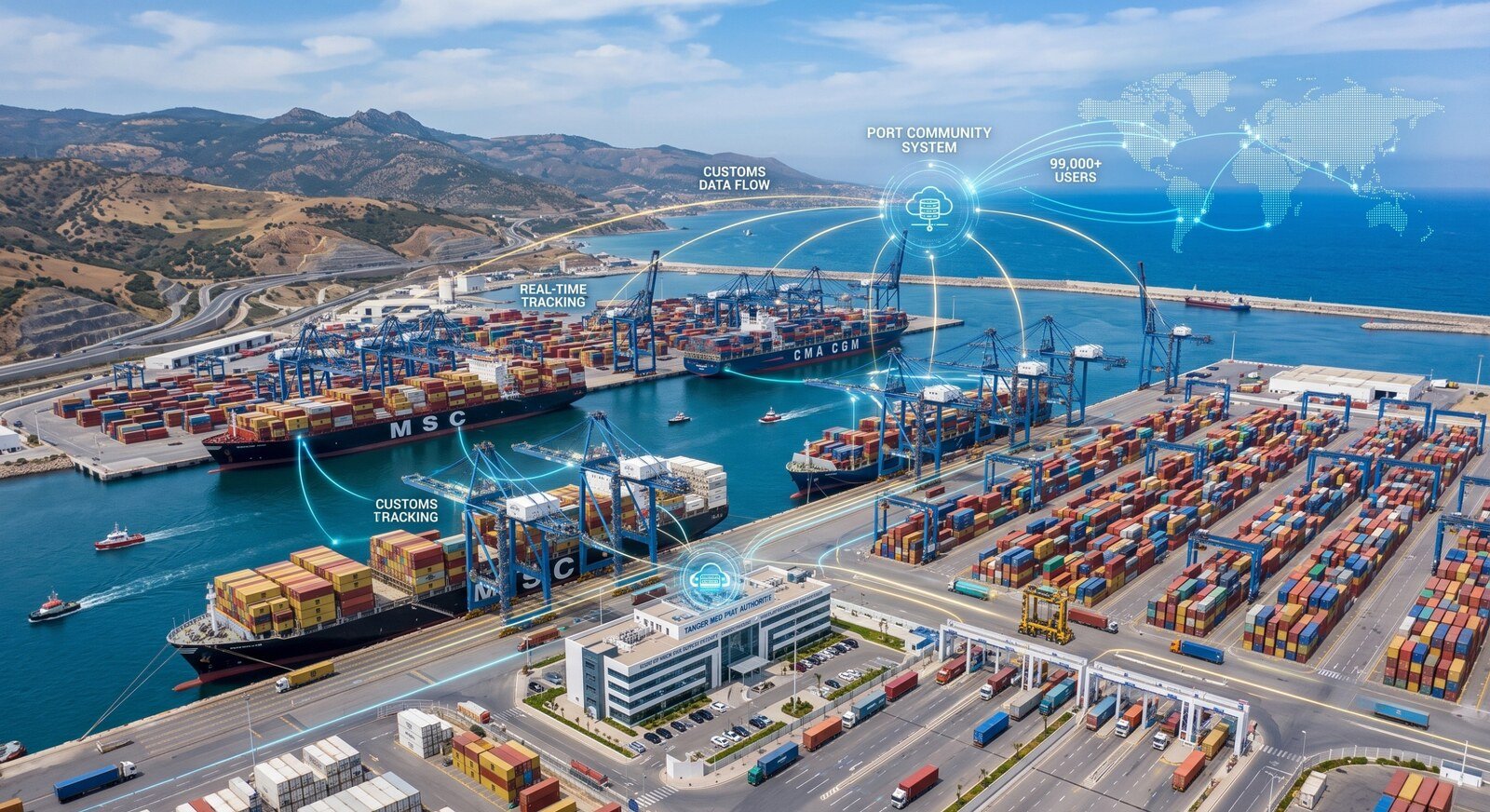 Aerial view of the Tanger Med port with the data flows of the port community system